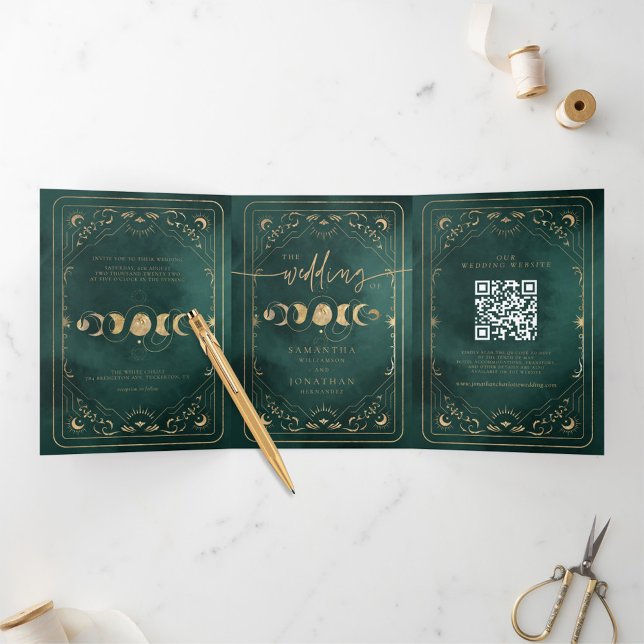 Invitación Tríptica Boda celeste de Emerald Green y Gold Tarot (Subido por el creador)