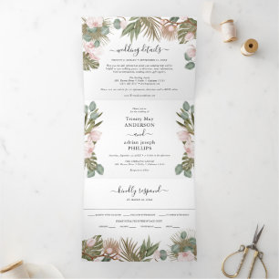 Invitación Tríptica Boda Chic Boho Orquídeas y Hojas Tropicales Secas