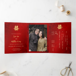 Invitación Tríptica Boda chino con foto de oro rojo