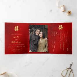 Invitación Tríptica Boda chino con foto de oro rojo