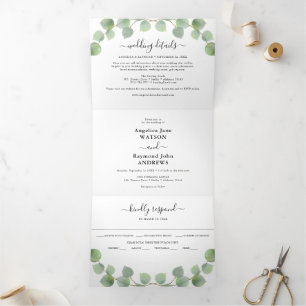 Invitación Tríptica Boda Clásica Acuarela Eucalipto & Oro
