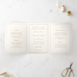 Invitación Tríptica Boda clásica atemporal con borde de marfil y oro
