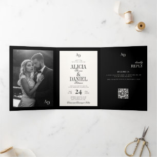Invitación Tríptica Boda clásica con foto en negro marfil dinero antig