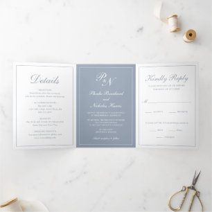 Invitación Tríptica Boda Clásica Elegante Azul Polvoriento