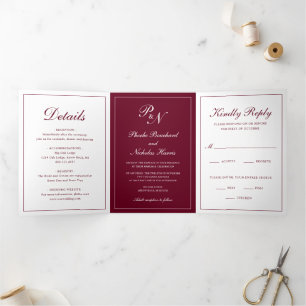 Invitación Tríptica Boda clásica elegante de Borgoña