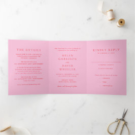 Invitación Tríptica Boda clásica elegante de rosa y rojo