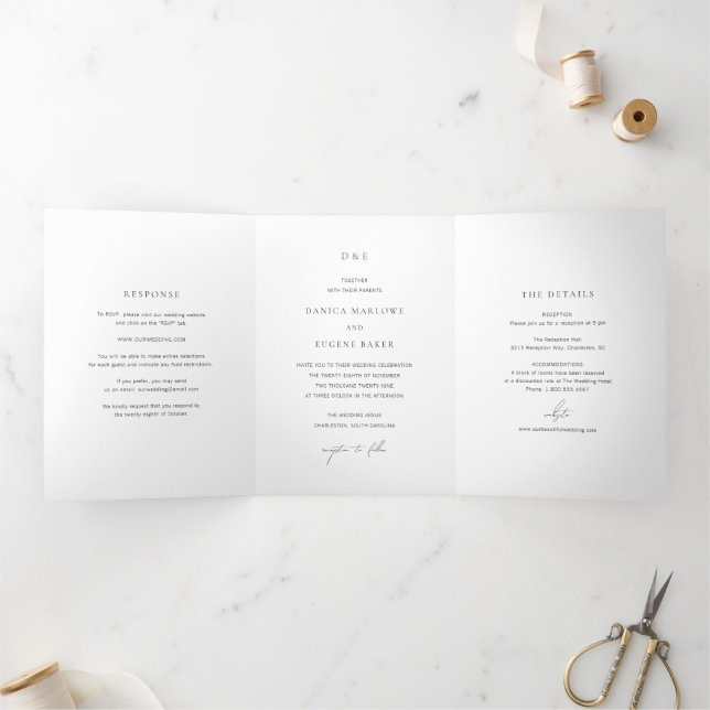 Invitación Tríptica Boda clásica elegante en blanco y negro (Interior)