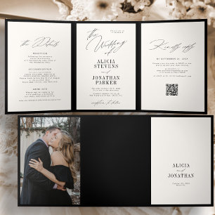 Invitación Tríptica Boda clásica elegante en negro y marfil con código