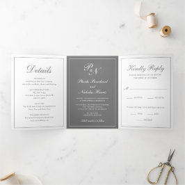Invitación Tríptica Boda Clásica Elegante Gris