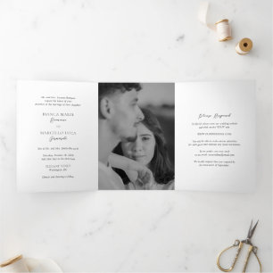 Invitación Tríptica Boda Clásica en Blanco y Negro Atemporal