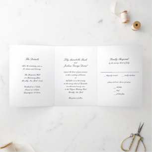 Invitación Tríptica Boda Clásica en Blanco y Negro Atemporal