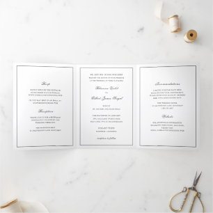 Invitación Tríptica Boda Clásica sin Tiempo en Blanco y Negro Fronteri
