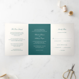 Invitación Tríptica Boda Clásica Teal Dinero Antiguo