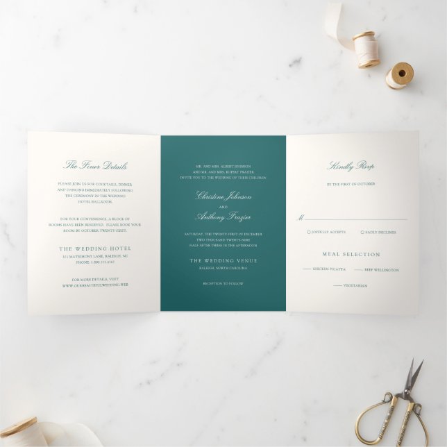 Invitación Tríptica Boda Clásica Teal Dinero Antiguo (Interior)