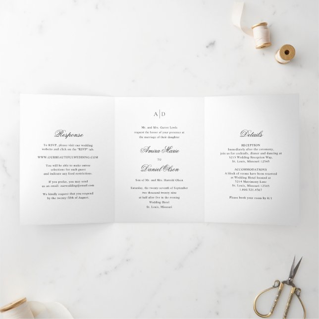 Invitación Tríptica Boda clásico blanco y negro limpio (Interior)