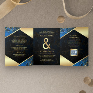 Invitación Tríptica Boda Código QR Ampersand Mármol Dorado Azul Real