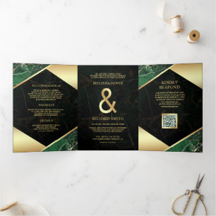 Invitación Tríptica Boda Código QR Ampersand Mármol Dorado Esmeralda