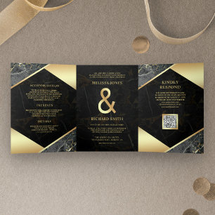 Invitación Tríptica Boda Código QR Ampersand Mármol Oro Carbón
