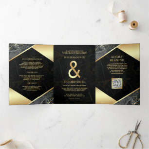 Invitación Tríptica Boda Código QR Ampersand Mármol Oro Carbón