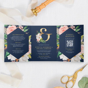 Invitación Tríptica Boda Código QR Ampersand Naval Floral Rosa Rubor