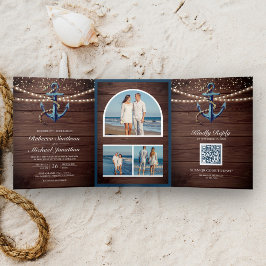 Invitación Tríptica Boda Código QR Ancla Azul Marino Madera Rústica