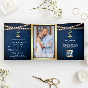 Invitación Tríptica Boda Código QR Ancla Dorada Náutica Azul Marino