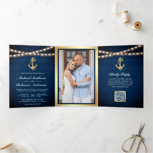 Invitación Tríptica Boda Código QR Ancla Dorada Náutica Azul Marino