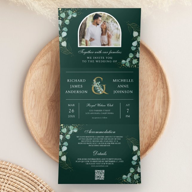 Invitación Tríptica Boda Código QR Arco de Eucalipto Verde Esmeralda (Subido por el creador)