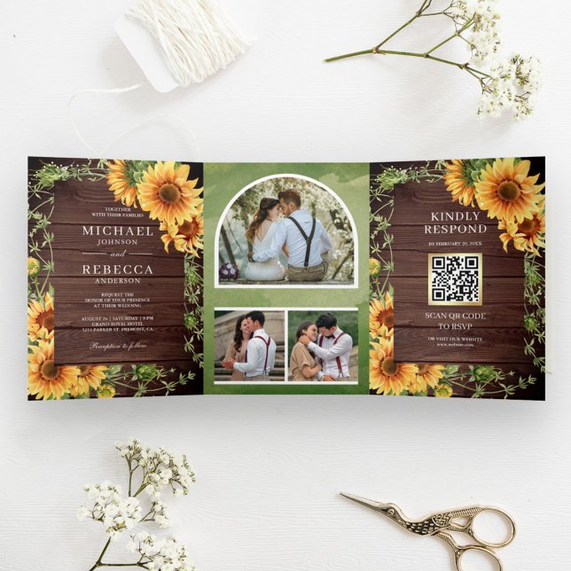 Invitación Tríptica Boda Código QR Arco de Foto de Girasoles de Madera (Subido por el creador)