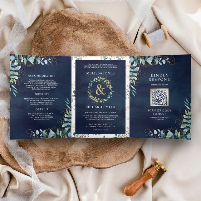 Invitación Tríptica Boda Código QR Azul Marino Dorado Eucalipto Rústic (Subido por el creador)