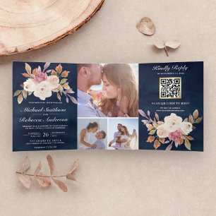 Invitación Tríptica Boda Código QR Azul Marino Floral Marfil Rosa Polv