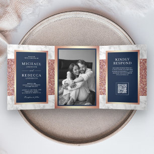 Invitación Tríptica Boda Código QR Azul Marino Rosa Oro Mármol Blanco