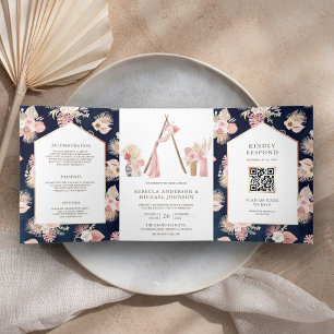Invitación Tríptica Boda Código QR Boho Floral Rosa Polvoriento Arbor