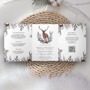 Invitación Tríptica Boda Código QR Bosque Acuarela Ciervo