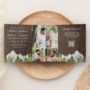 Invitación Tríptica Boda Código QR Bosque de Pino de Montaña de Madera