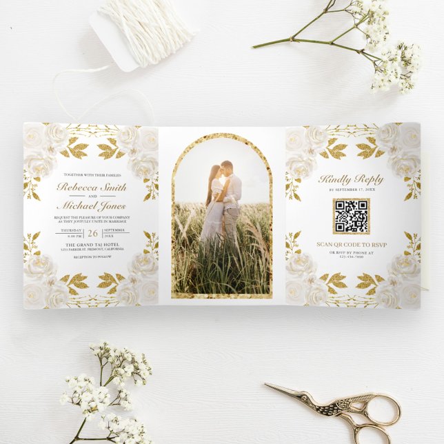 Invitación Tríptica Boda Código QR Brillante Floral Marfil Rústico (Subido por el creador)