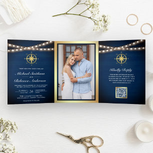 Invitación Tríptica Boda Código QR Brújula Dorada Náutica Marina