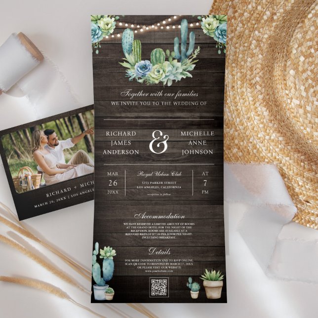 Invitación Tríptica Boda Código QR Cactus Madera Verde Suculenta (Subido por el creador)