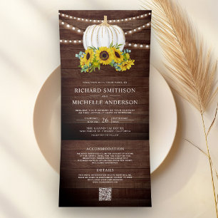Invitación Tríptica Boda Código QR Calabaza Blanca Girasoles Madera de