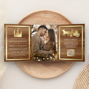 Invitación Tríptica Boda Código QR Carruaje Castillo Cuento de Hadas D