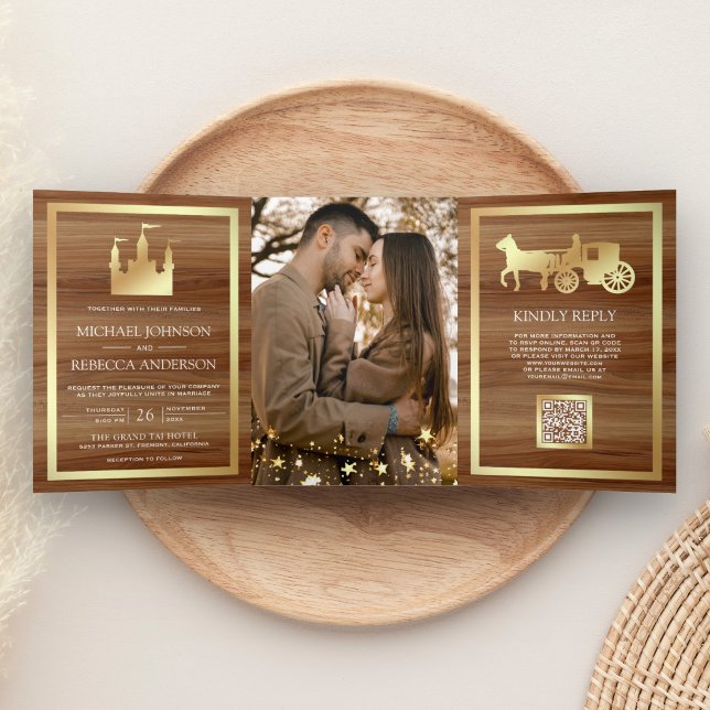 Invitación Tríptica Boda Código QR Carruaje Castillo Cuento de Hadas D (Subido por el creador)