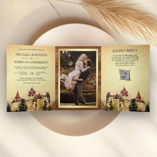 Invitación Tríptica Boda Código QR Castillo de Cuento de Hadas