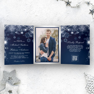 Invitación Tríptica Boda Código QR Copos de Nieve País de las Maravill