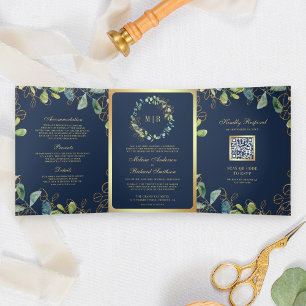 Invitación Tríptica Boda Código QR Corona de Eucalipto Dorado Azul Mar