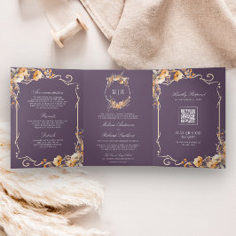 Invitación Tríptica Boda Código QR Cresta Flor Silvestre Otoñal Polvo 