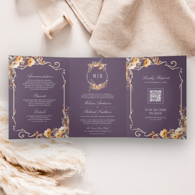 Invitación Tríptica Boda Código QR Cresta Flor Silvestre Otoñal Polvo  (Subido por el creador)