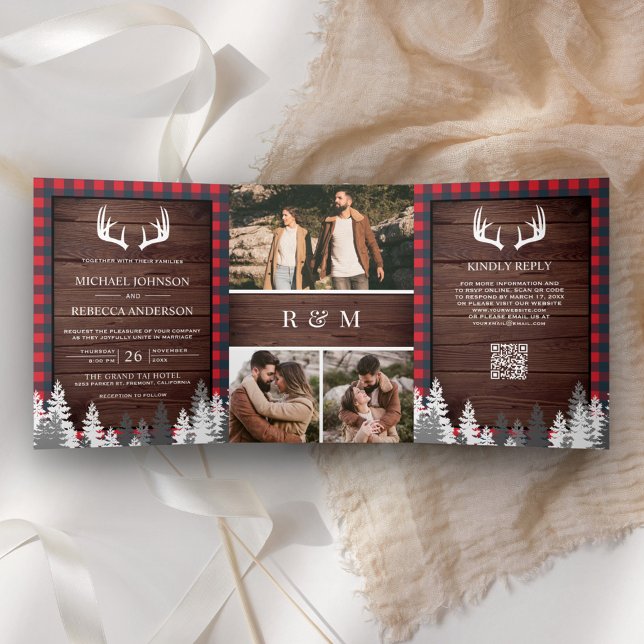 Invitación Tríptica Boda Código QR de Antílope de Cuadro Búfalo Rojo d (Subido por el creador)