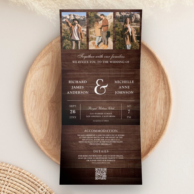Invitación Tríptica Boda Código QR de Collage de Fotos Mínimo de Mader (Subido por el creador)