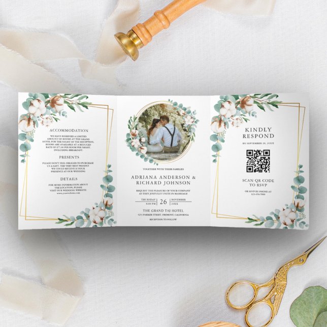 Invitación Tríptica Boda Código QR de Eucalipto de Algodón Dorado Rúst (Subido por el creador)