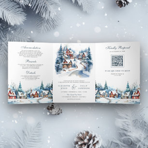 Invitación Tríptica Boda Código QR de la Aldea de Navidad Invernal Fes